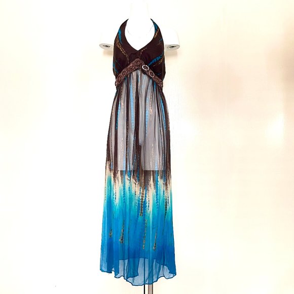 Robbie Bee VINTAGE 1970s tie dye Silk Halter Maxi boho Dress Burning Man Rave - Picture 3 of 14